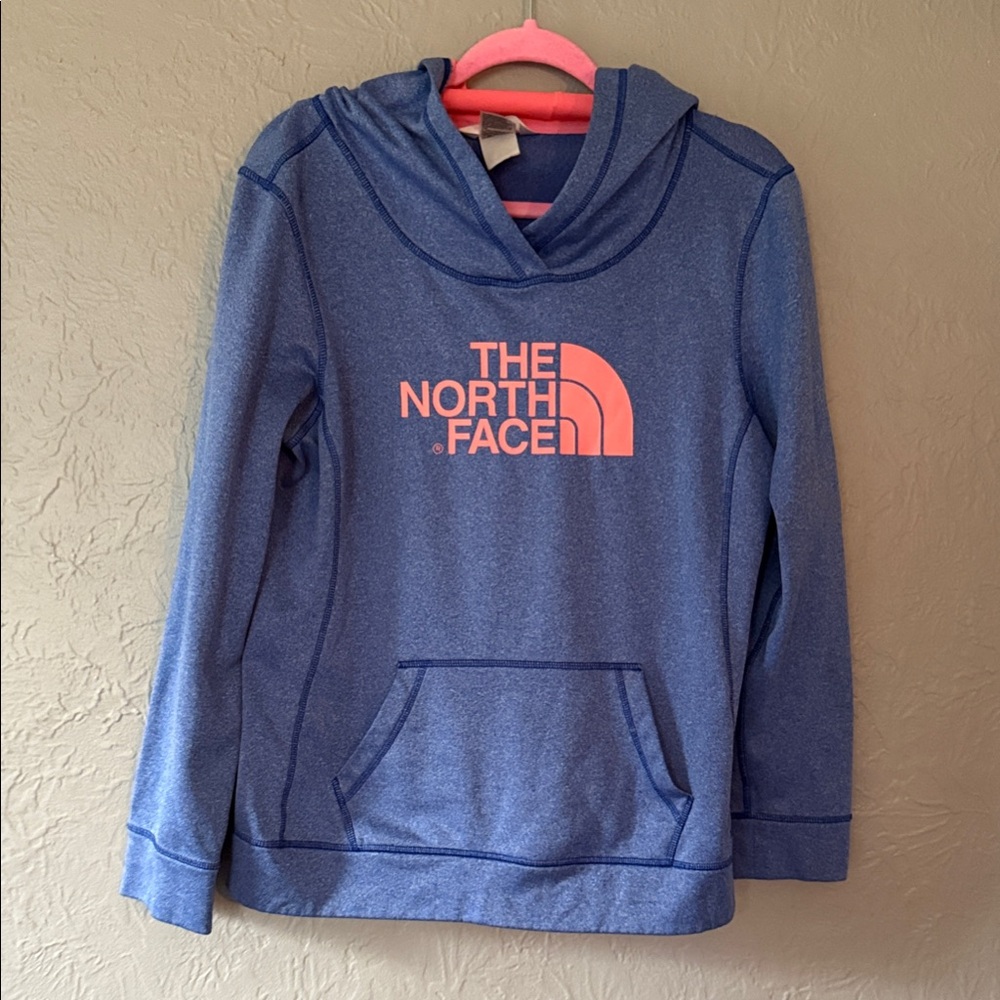 The North Face Blue Hooded Sweatshirt with Pink Logo